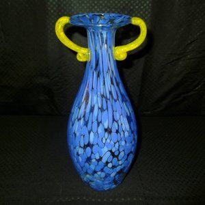 Handblown Blue and yellow handle vase